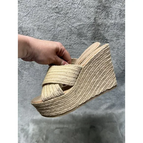 Vtg Soda 5.5 Natural Jute Raffia Open Toe Slide Sandal Platform Wedge Slip-On - Picture 1 of 7
